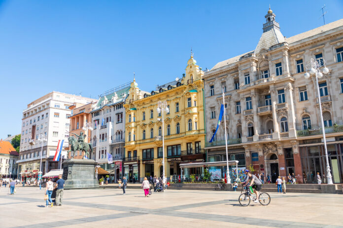 Historic Facades and Equestrian Statue at Ban Josip Jelačić Square, Zagreb Historic Facades and Equestrian Statue at Ban Josip Jelačić Square, Zagreb