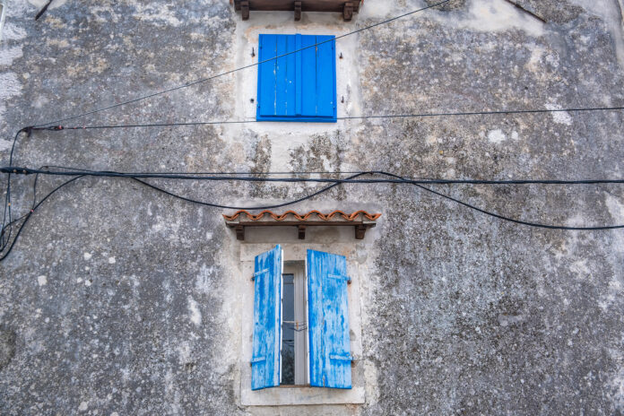 Blue Shutters on Rustic Wall, Brseč, Croatia