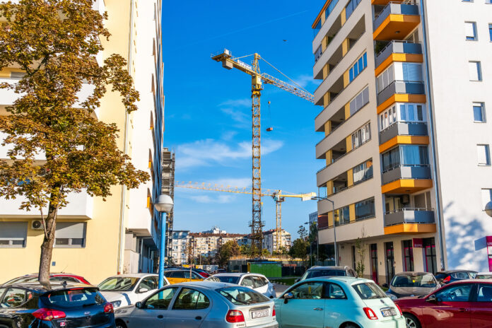 Urban Street with Modern Apartments and Construction Crane, Zagreb, Croatia Urban Street with Modern Apartments and Construction Crane, Zagreb, Croatia